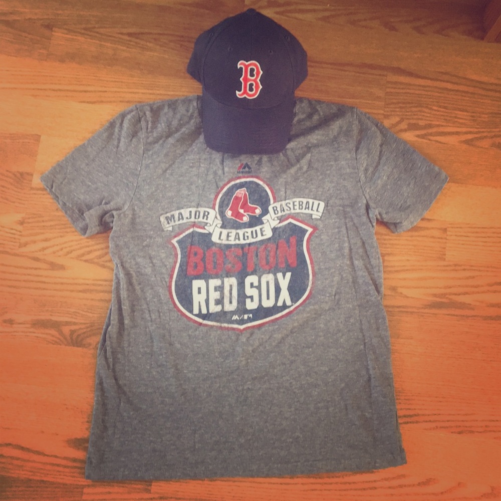 Boston Red Sox base ball cap and t-shirt.